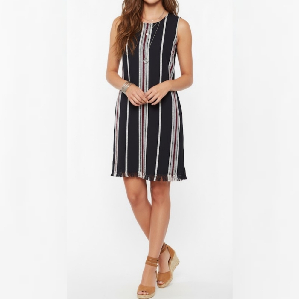 NEW La Classe Couture Baja Striped Shift Dress Fringe Sleeveless Pockets Size XS